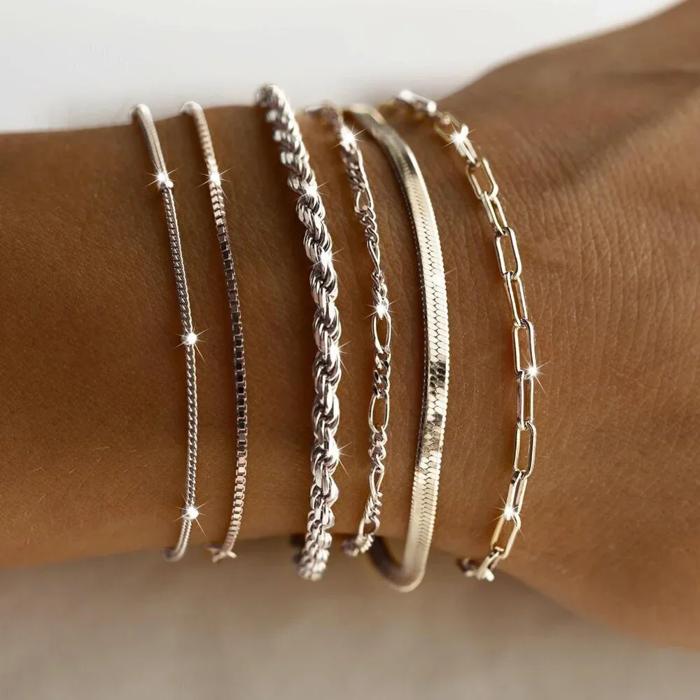 Dainty Silver Plated Bracelets Set for Women - Paperclip, Herringbone